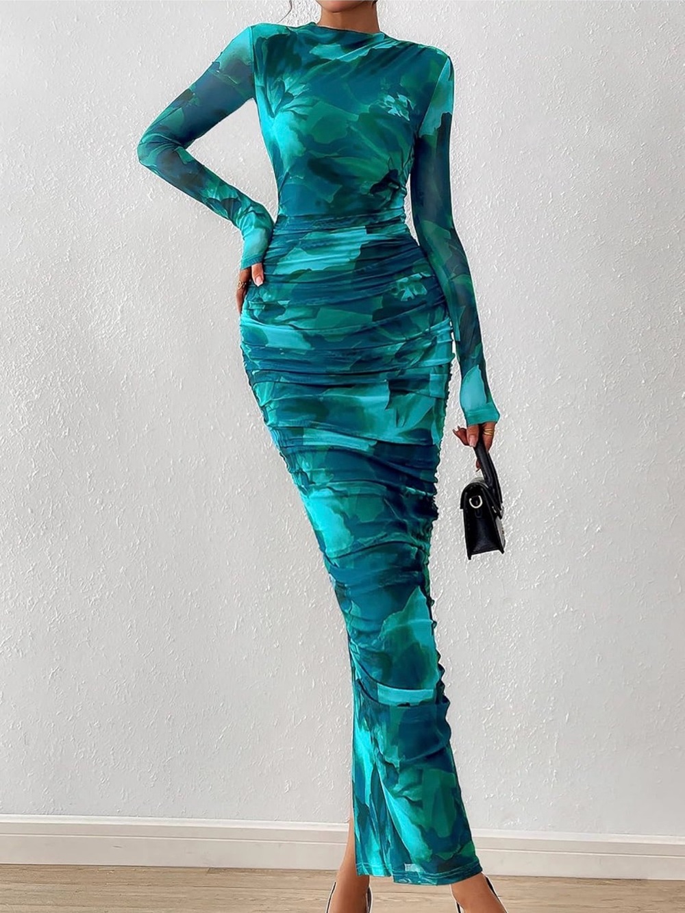 PRETTYGARDEN Blue Green Abstract Floral Ruched Mesh Maxi Dress Size S NWT